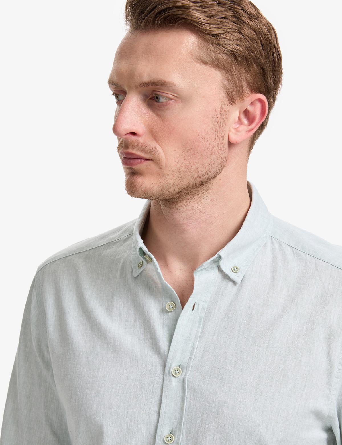 Su Yeşili Keten Karışımlı Regular Fit Uzun Kollu Gömlek - 50320941063