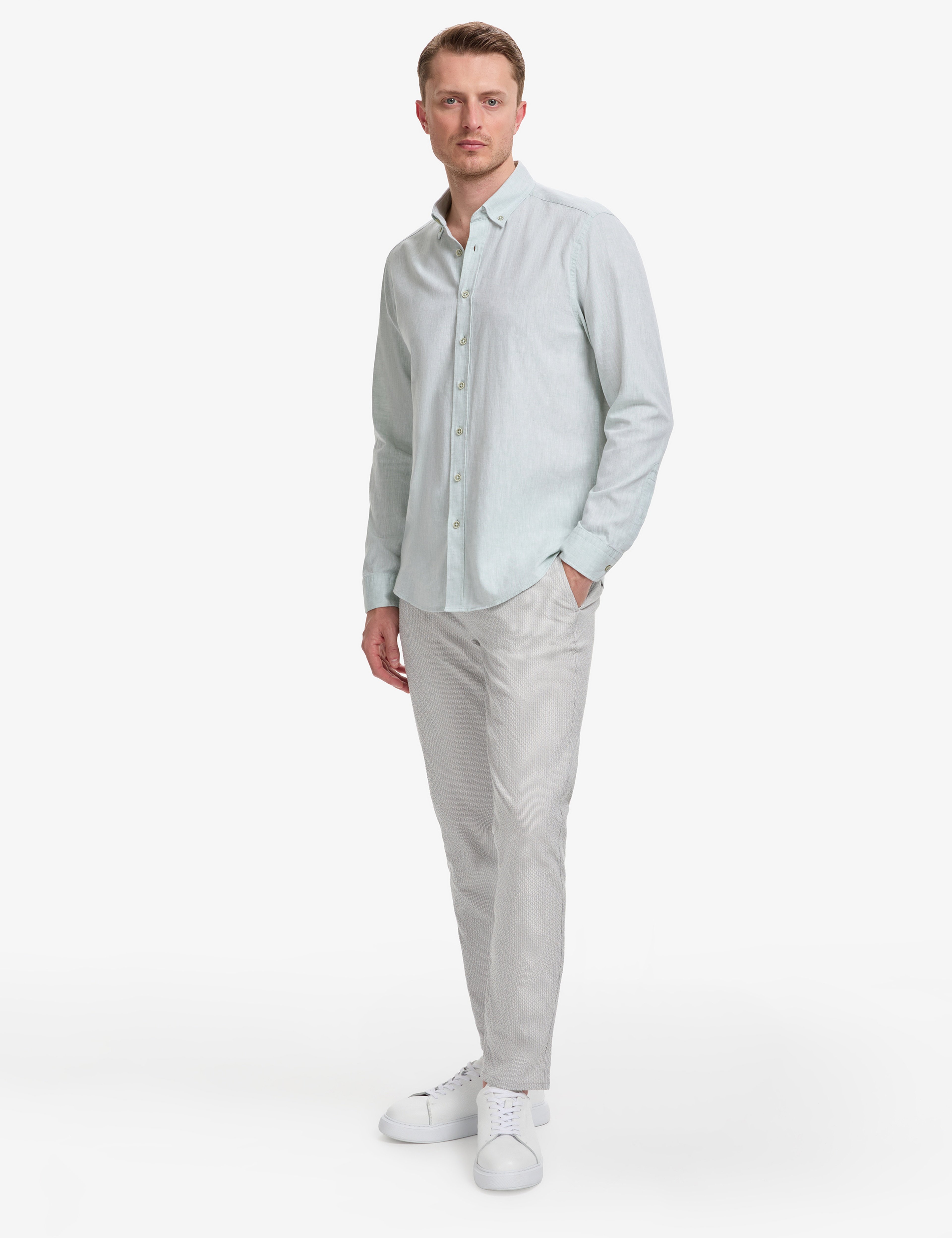Su Yeşili Keten Karışımlı Regular Fit Uzun Kollu Gömlek - Image 4