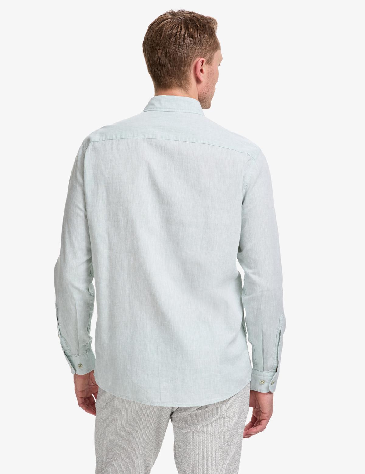Su Yeşili Keten Karışımlı Regular Fit Uzun Kollu Gömlek - 50320941063