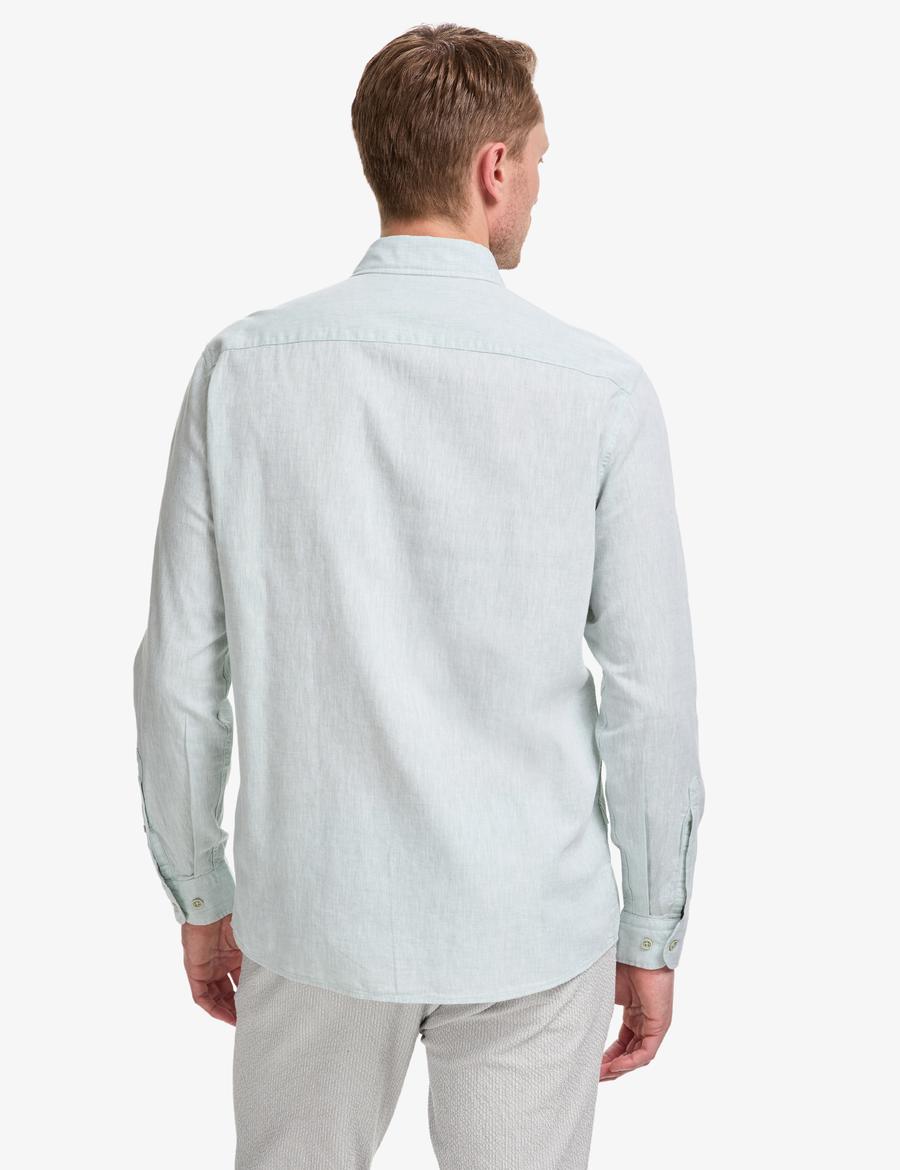 Su Yeşili Keten Karışımlı Regular Fit Uzun Kollu Gömlek