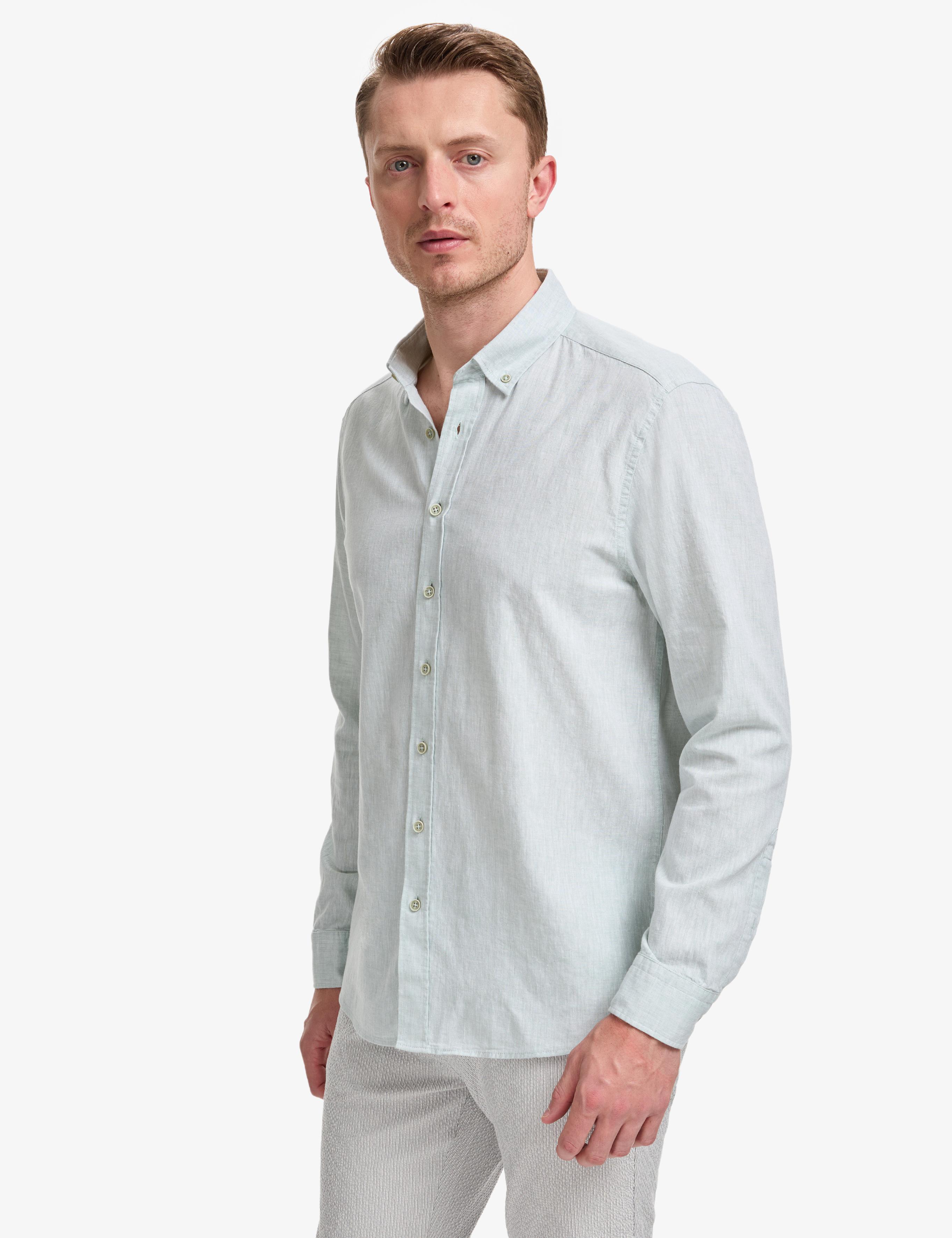 Su Yeşili Keten Karışımlı Regular Fit Uzun Kollu Gömlek