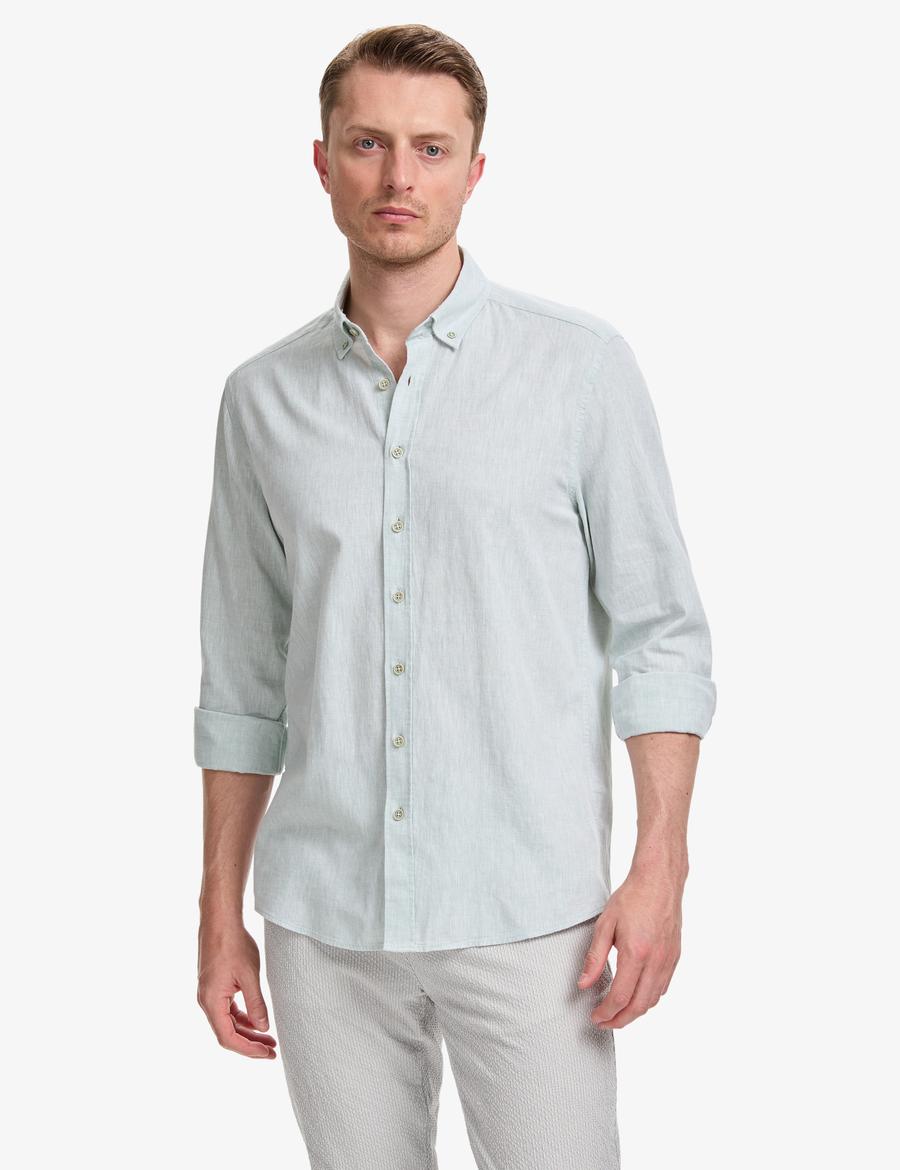 Su Yeşili Keten Karışımlı Regular Fit Uzun Kollu Gömlek