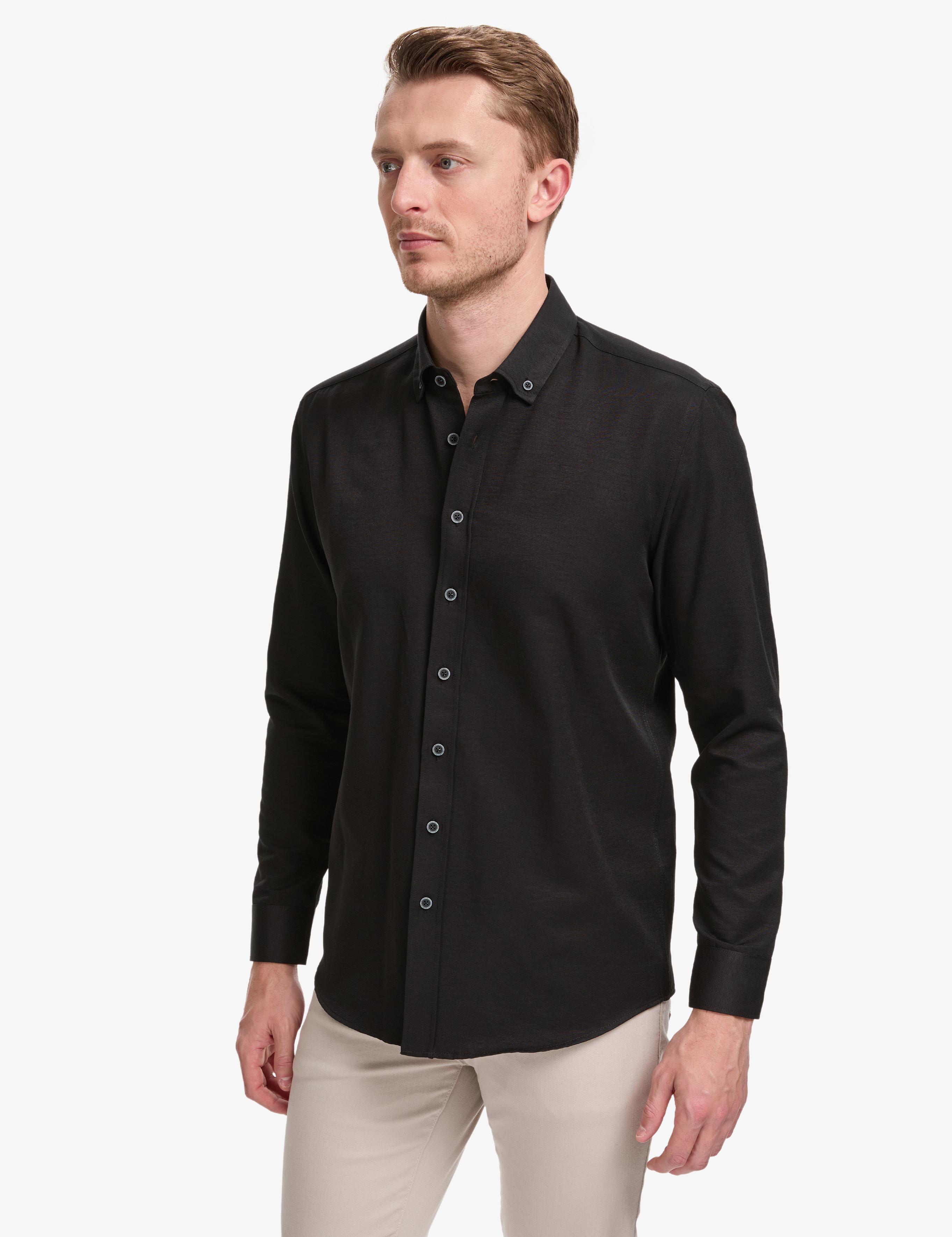 Siyah Oxford Slim Fit Kolay Ütülenebilir Gömlek