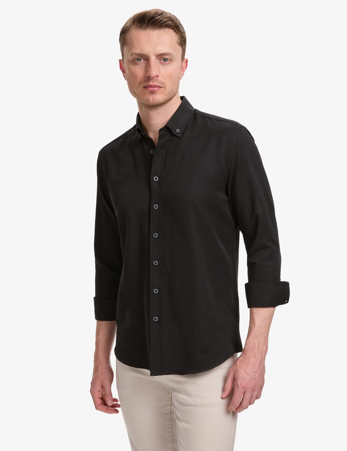 Siyah Oxford Slim Fit Kolay Ütülenebilir Gömlek