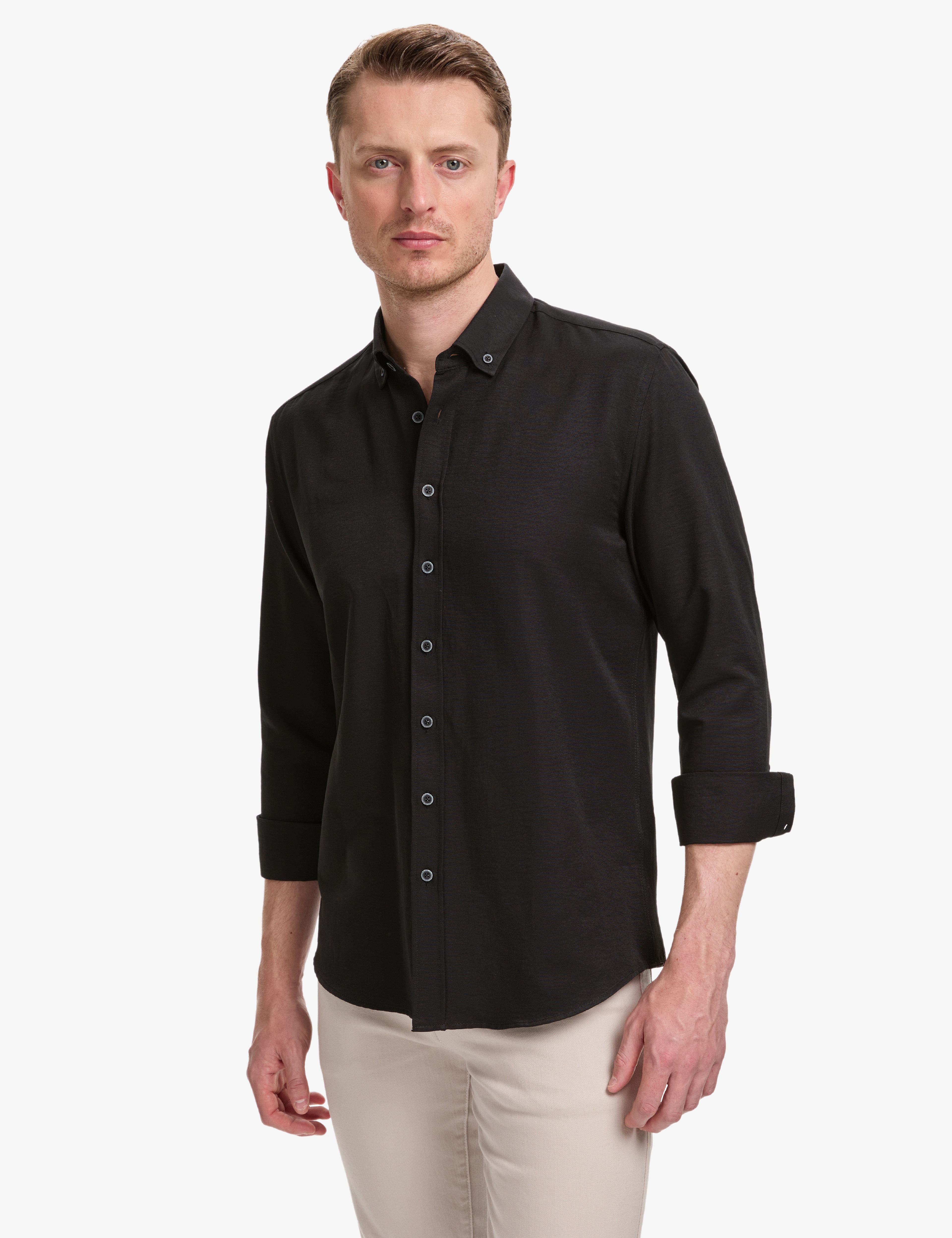 Siyah Oxford Slim Fit Kolay Ütülenebilir Gömlek - Image 1
