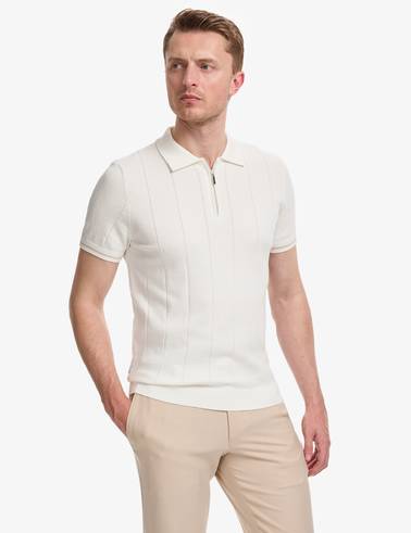 Ekru Slim Fit %100 Pamuk Fermuarlı Polo Yaka Triko Tişört