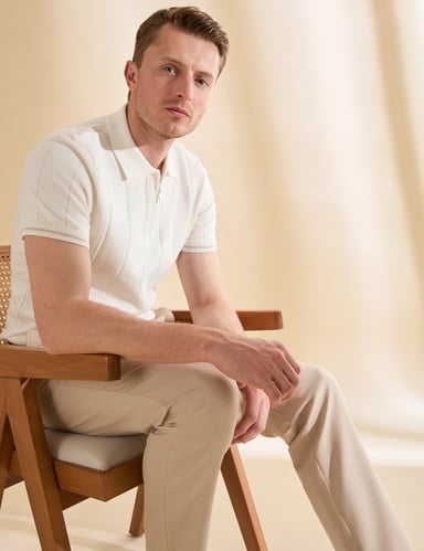Ekru Slim Fit %100 Pamuk Fermuarlı Polo Yaka Triko Tişört