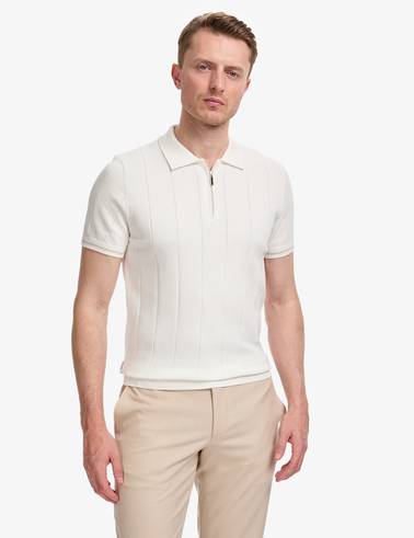 Ekru Slim Fit %100 Pamuk Fermuarlı Polo Yaka Triko Tişört