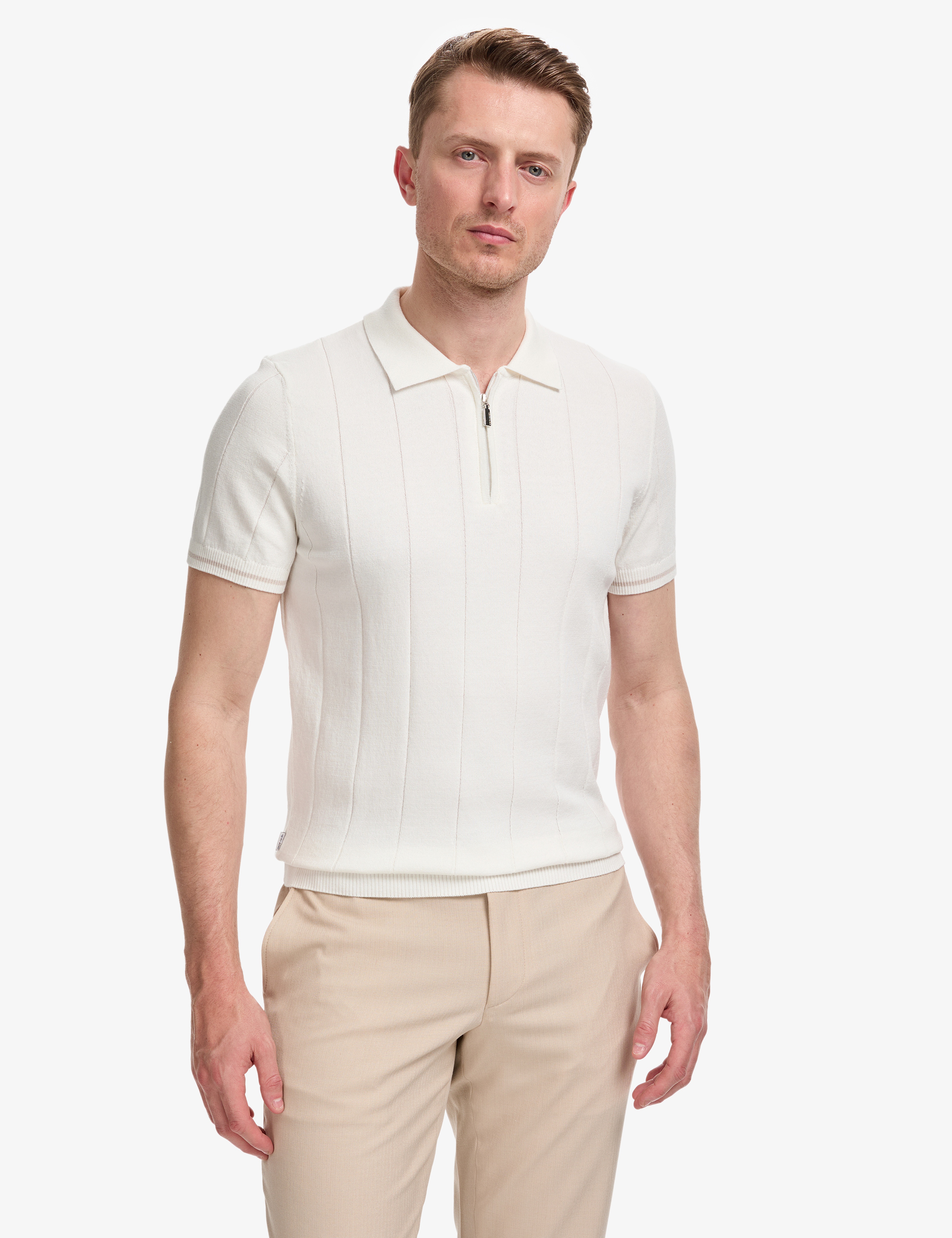 Ekru Slim Fit %100 Pamuk Fermuarlı Polo Yaka Triko Tişört - Image 2