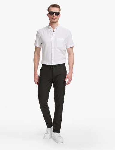 Siyah Slim Fit Beli Kordonlu Kanvas Pantolon