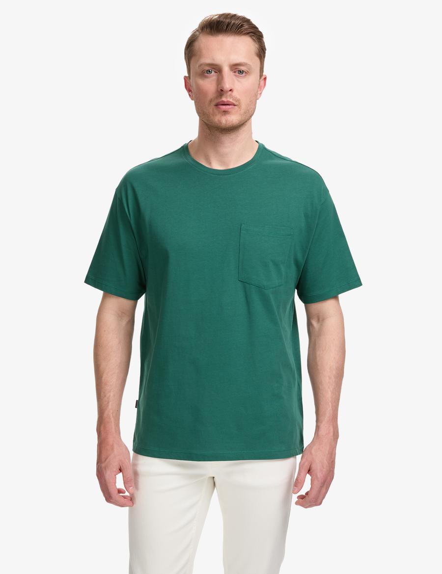 Koyu Yeşil Comfort Fit %100 Pamuk Bisiklet Yaka Basic Tişört