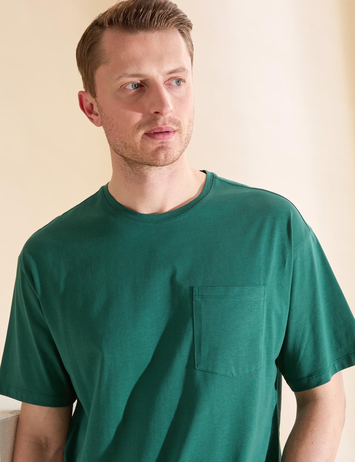 Koyu Yeşil Comfort Fit %100 Pamuk Bisiklet Yaka Basic Tişört