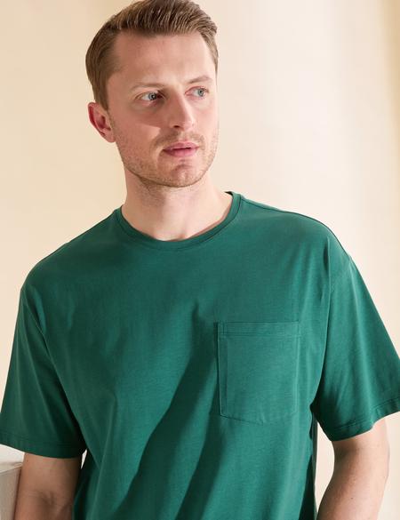 Koyu Yeşil Comfort Fit %100 Pamuk Bisiklet Yaka Basic Tişört - 50325300078