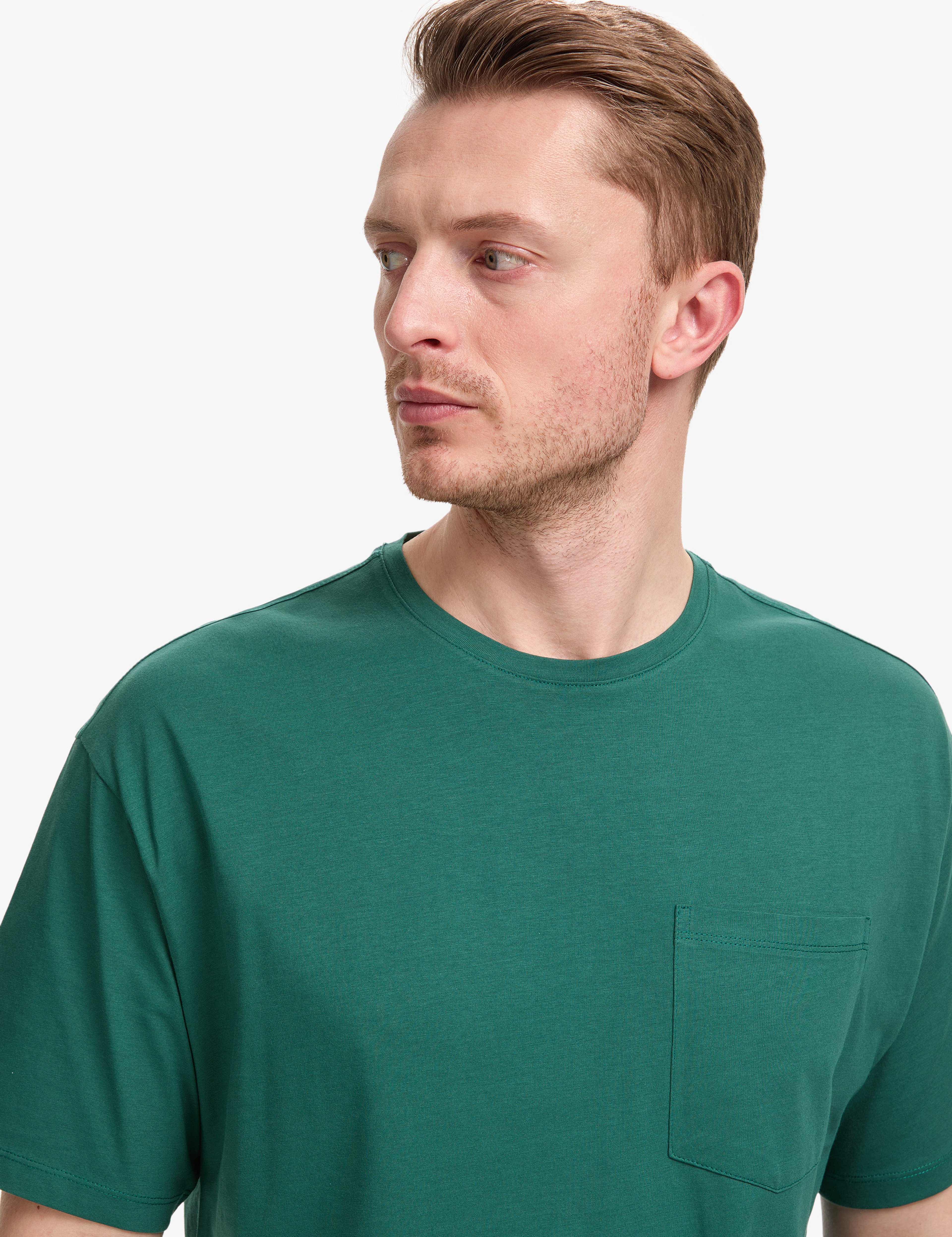 Koyu Yeşil Comfort Fit %100 Pamuk Bisiklet Yaka Basic Tişört - Image 3