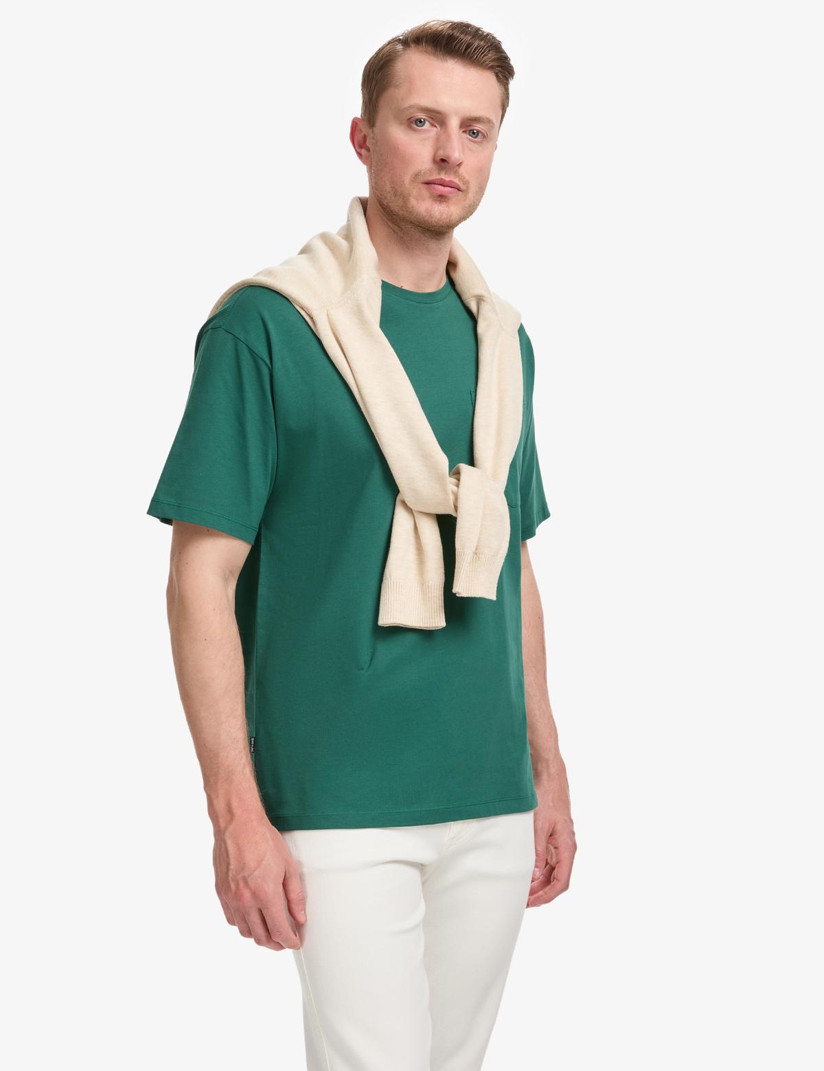 Koyu Yeşil Comfort Fit %100 Pamuk Bisiklet Yaka Basic Tişört - 50325300078