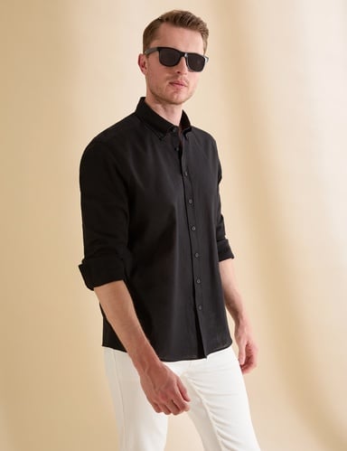 Siyah Keten Karışımlı Regular Fit Uzun Kollu Gömlek