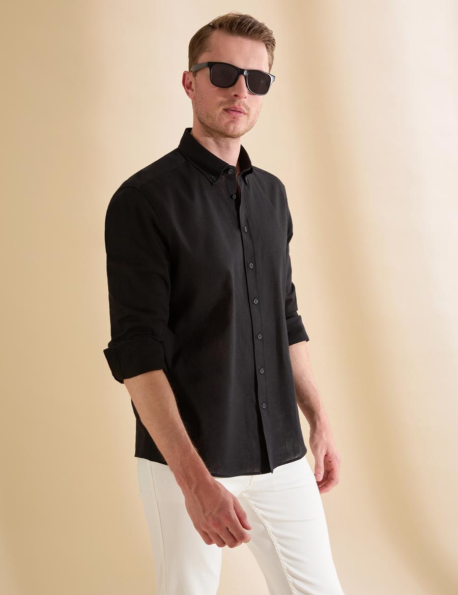 Siyah Keten Karışımlı Regular Fit Uzun Kollu Gömlek