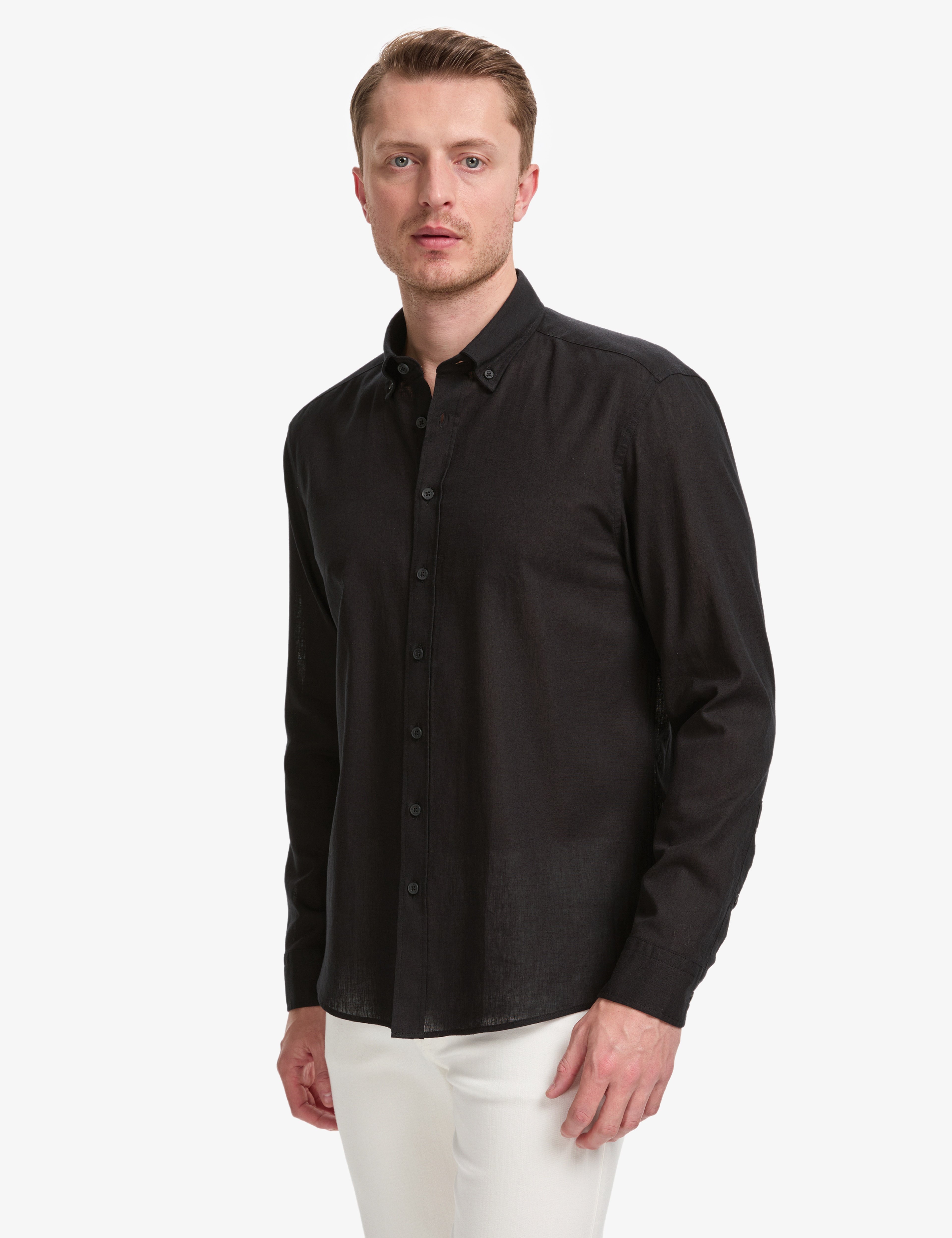 Siyah Keten Karışımlı Regular Fit Uzun Kollu Gömlek - Image 4