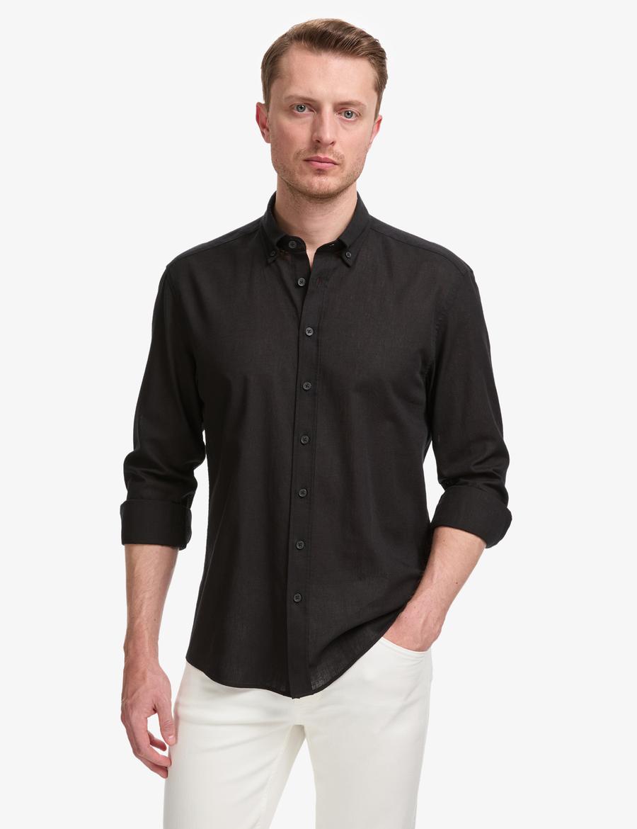 Siyah Keten Karışımlı Regular Fit Uzun Kollu Gömlek