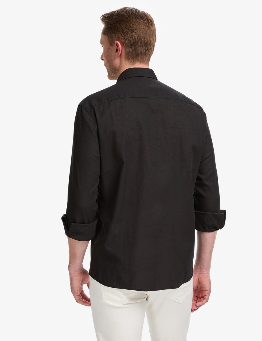 Siyah Keten Karışımlı Regular Fit Uzun Kollu Gömlek