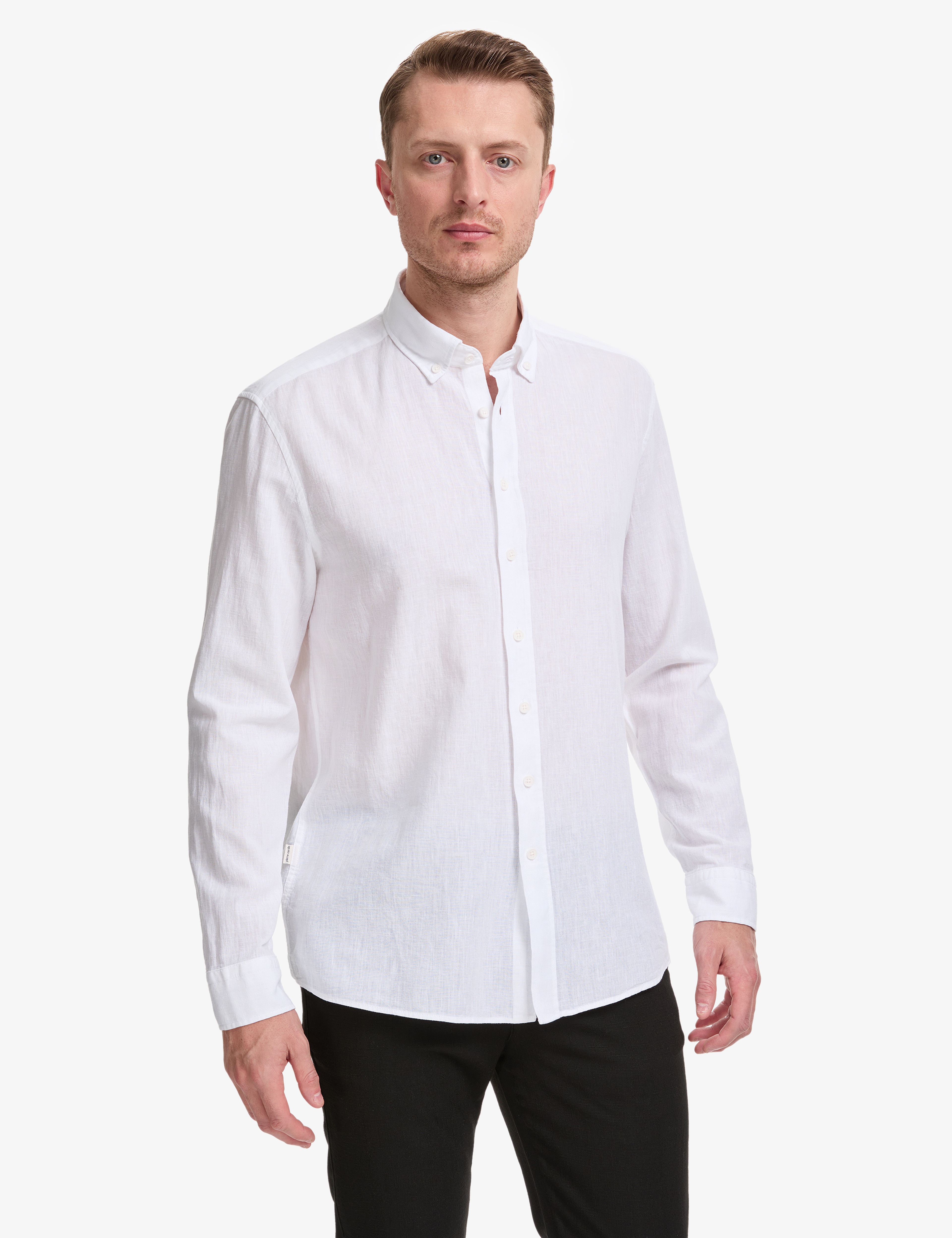 Beyaz Keten Karışımlı Regular Fit Uzun Kollu Gömlek - Image 3