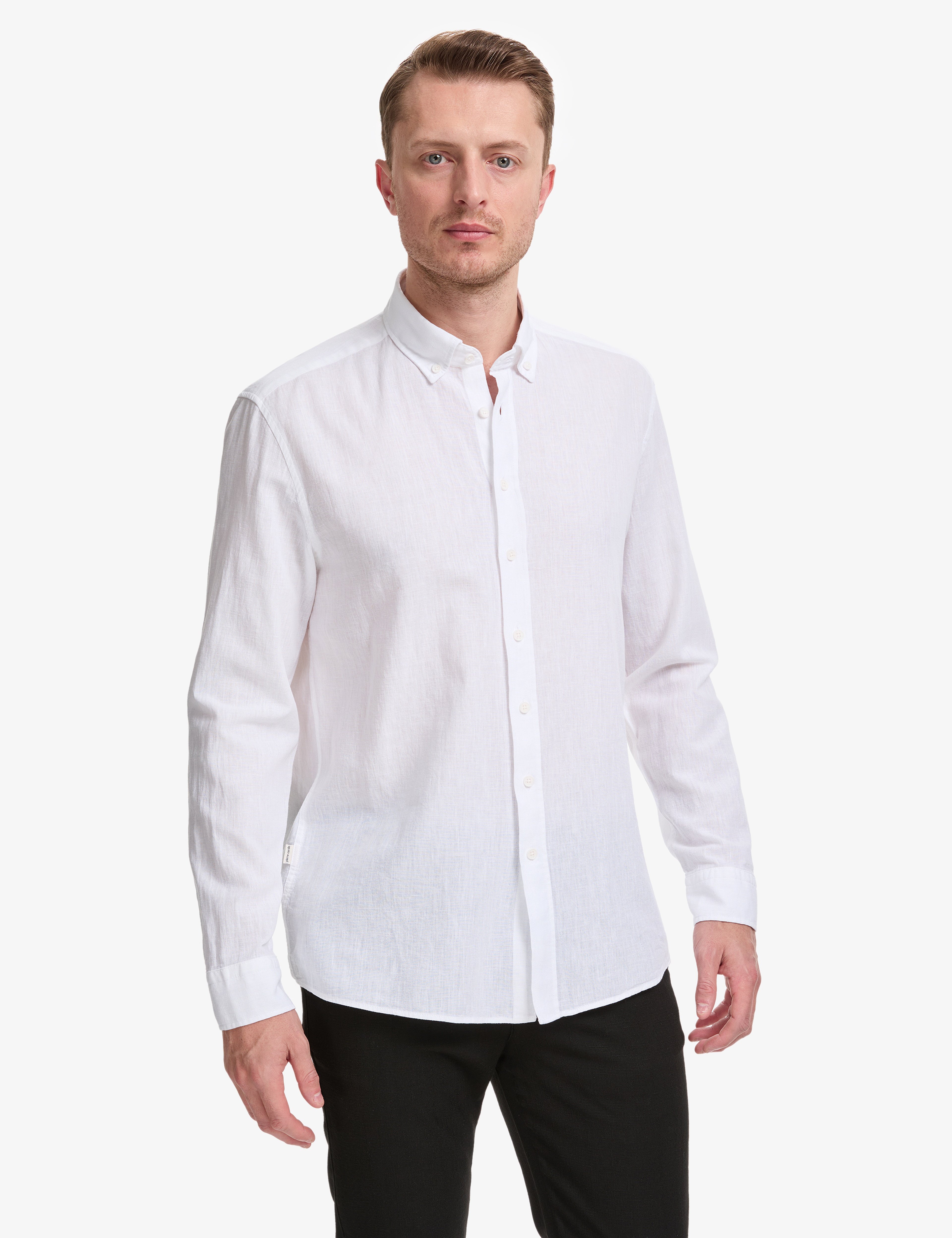 Beyaz Keten Karışımlı Regular Fit Uzun Kollu Gömlek