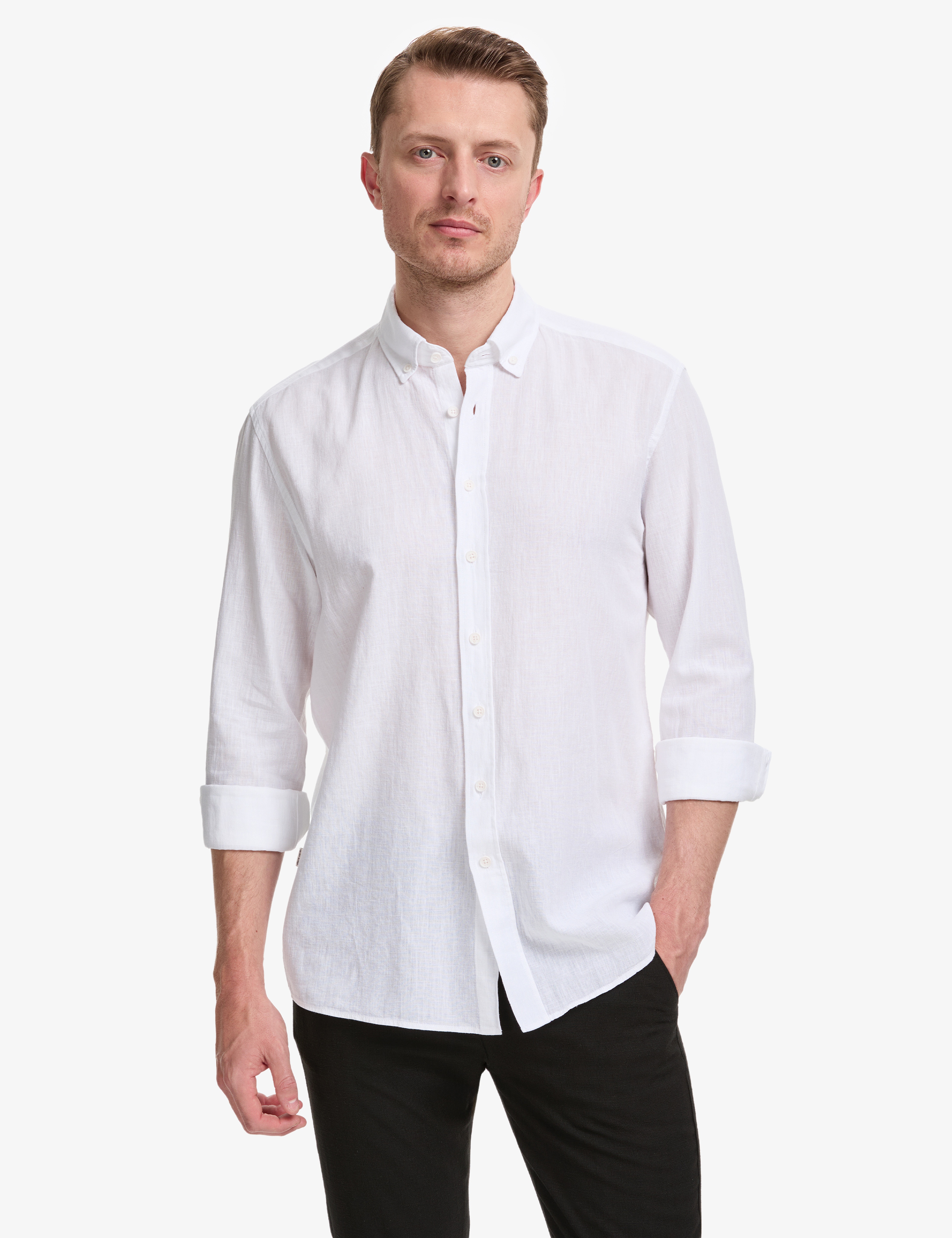 Beyaz Keten Karışımlı Regular Fit Uzun Kollu Gömlek - Image 1