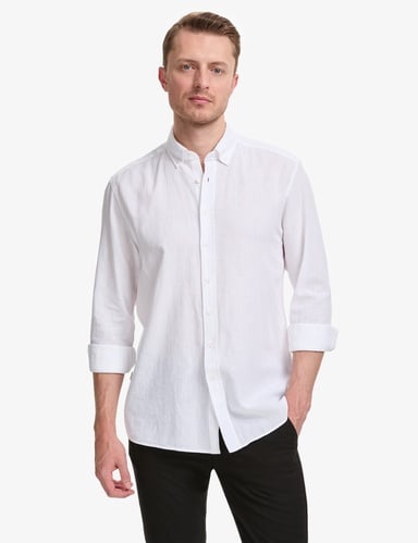 Beyaz Keten Karışımlı Regular Fit Uzun Kollu Gömlek
