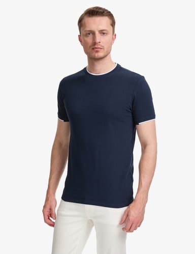 Lacivert Slim Fit %100 Pamuk Bisiklet Yaka Tişört
