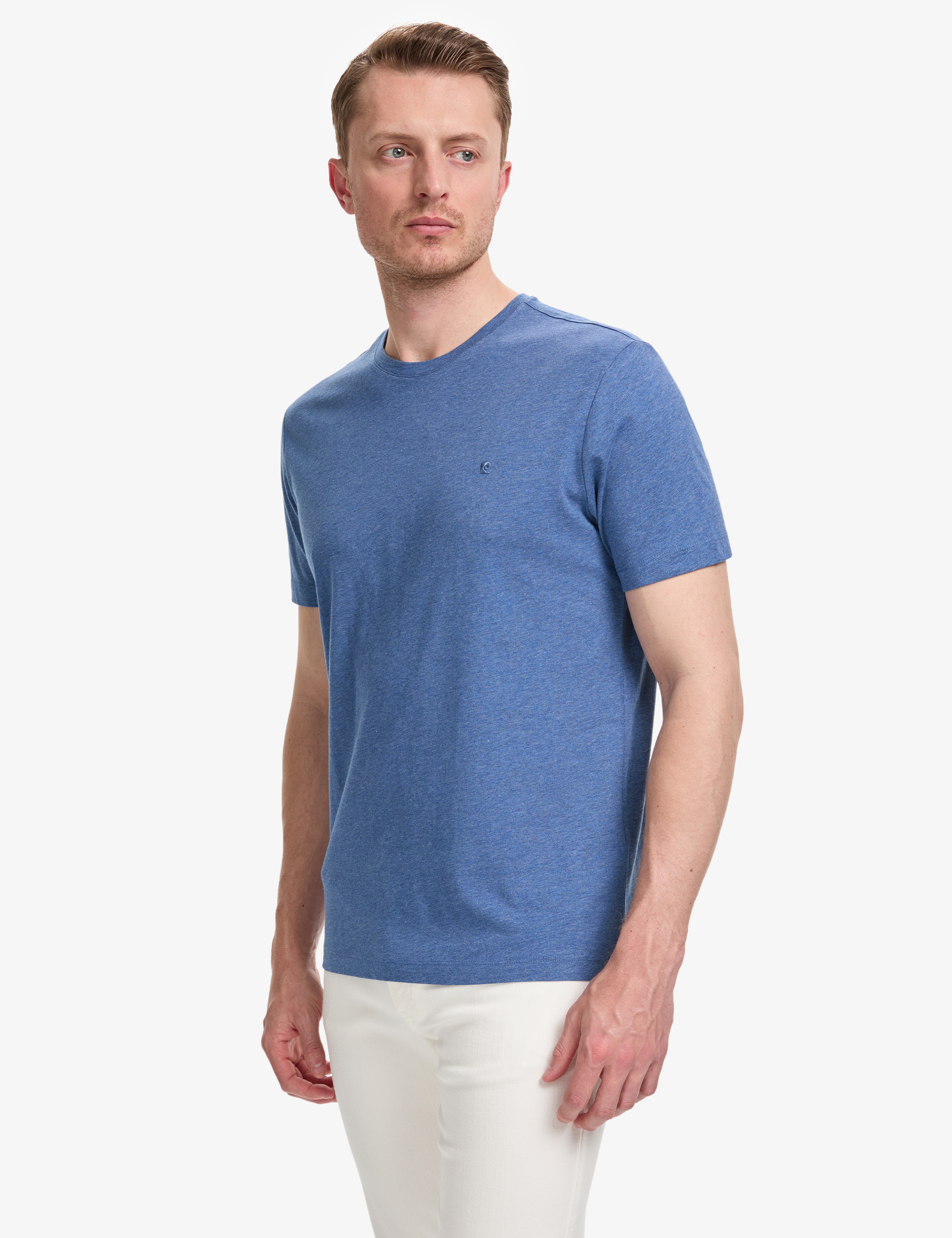 İndigo Melanj Regular Fit %100 Pamuk Bisiklet Yaka Basic Tişört - Image 3