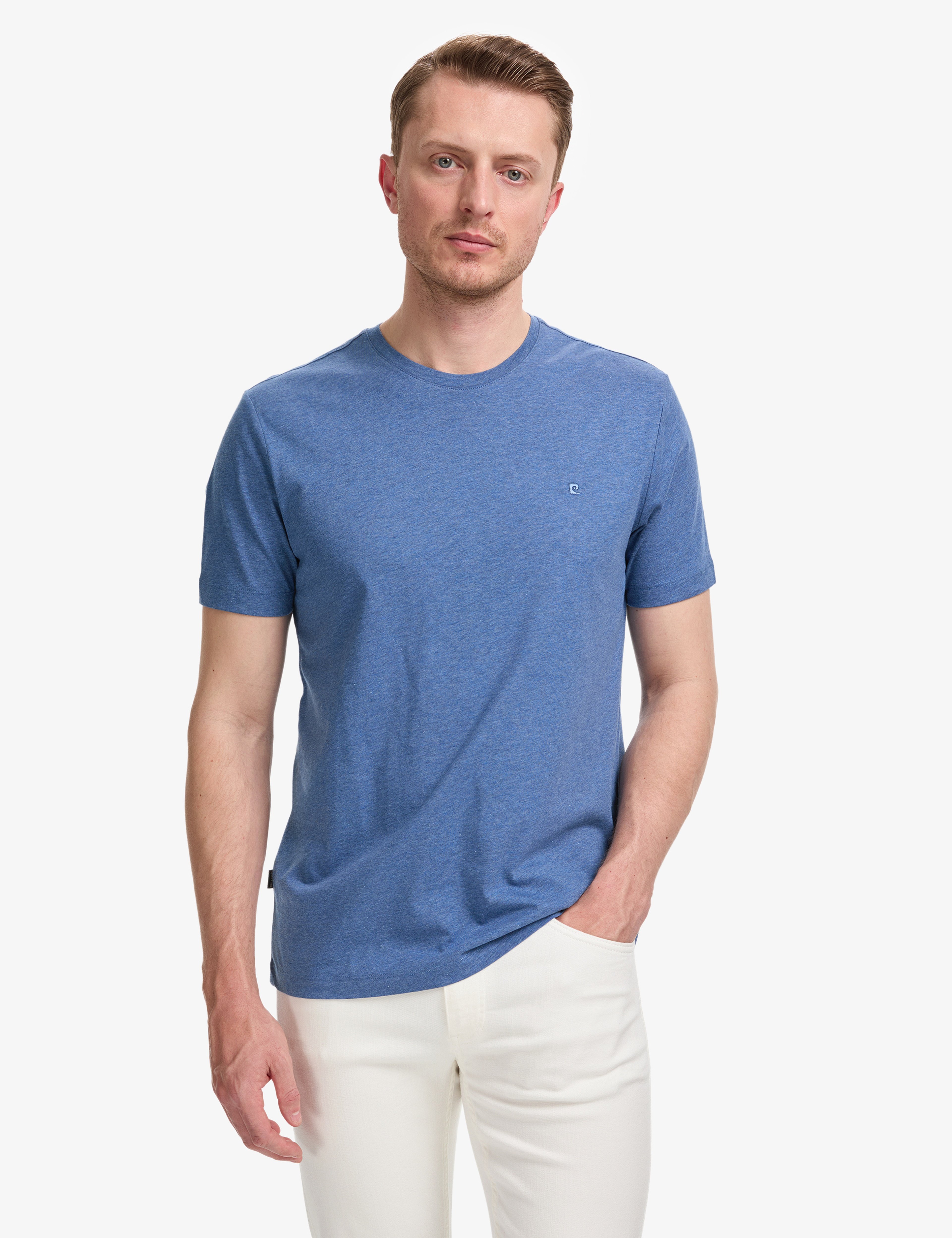 İndigo Melanj Regular Fit %100 Pamuk Bisiklet Yaka Basic Tişört - Image 1