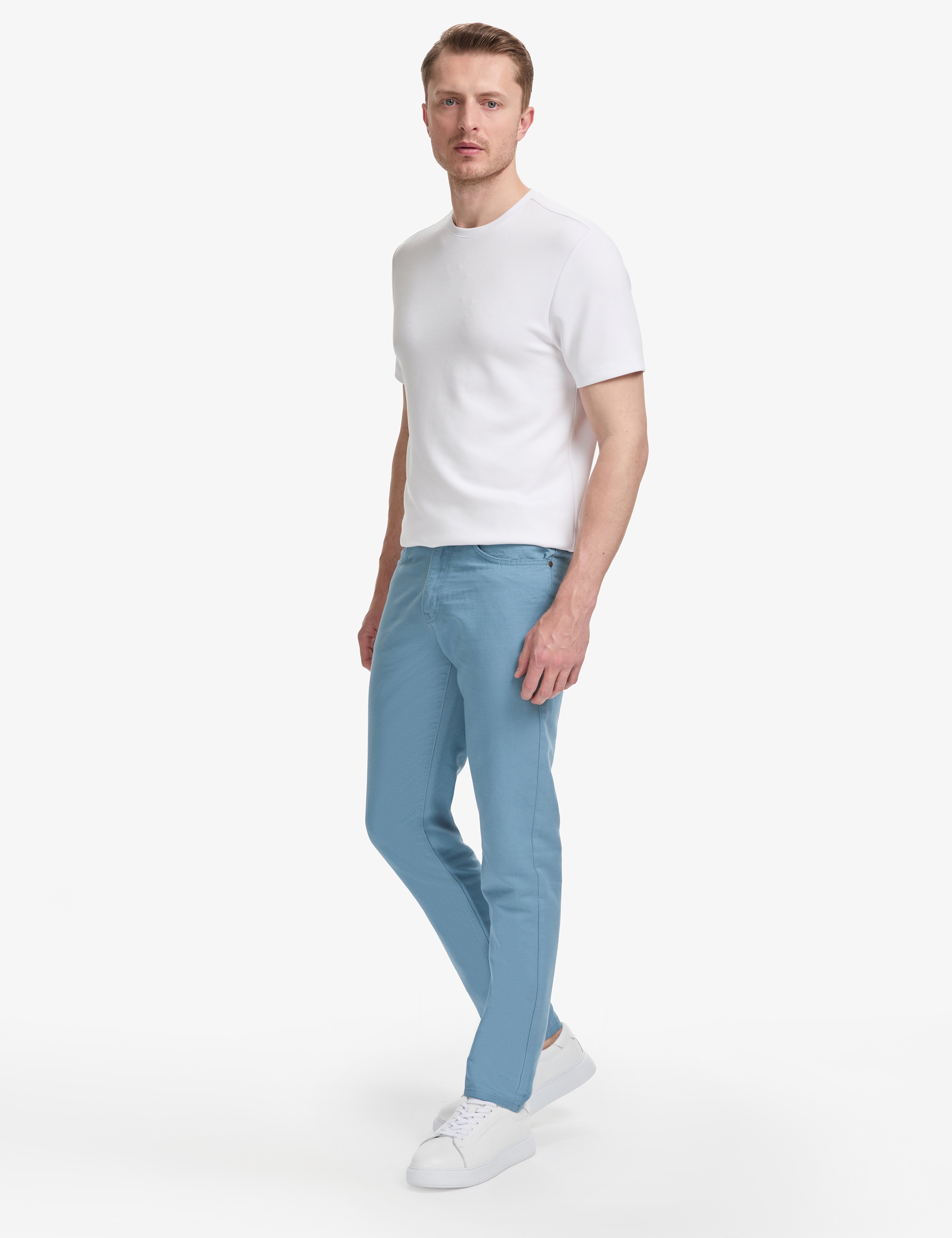 Koyu Mavi Slim Fit Keten Karışımlı Kanvas Pantolon - Image 3