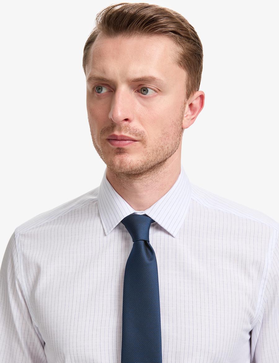 Lacivert Slim Fit Çizgili Uzun Kollu Gömlek