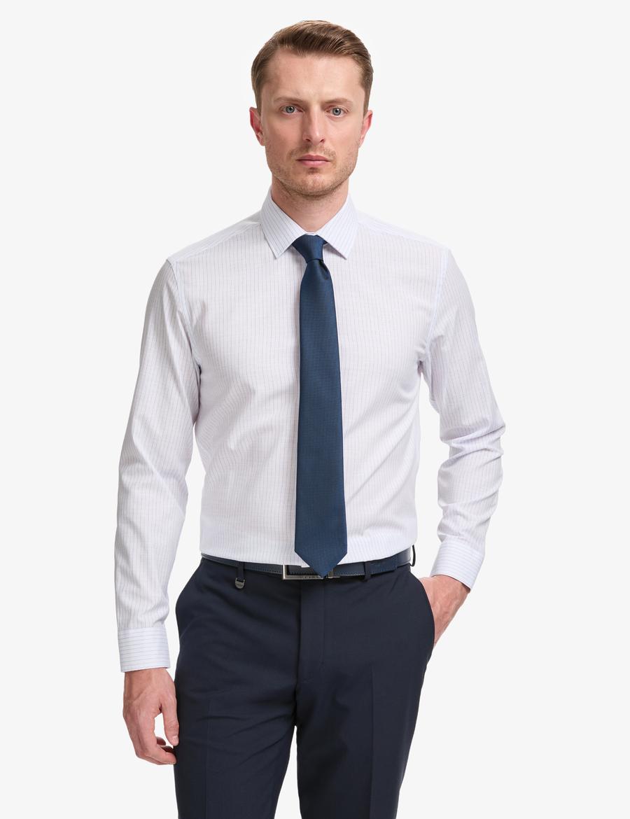 Lacivert Slim Fit Çizgili Uzun Kollu Gömlek