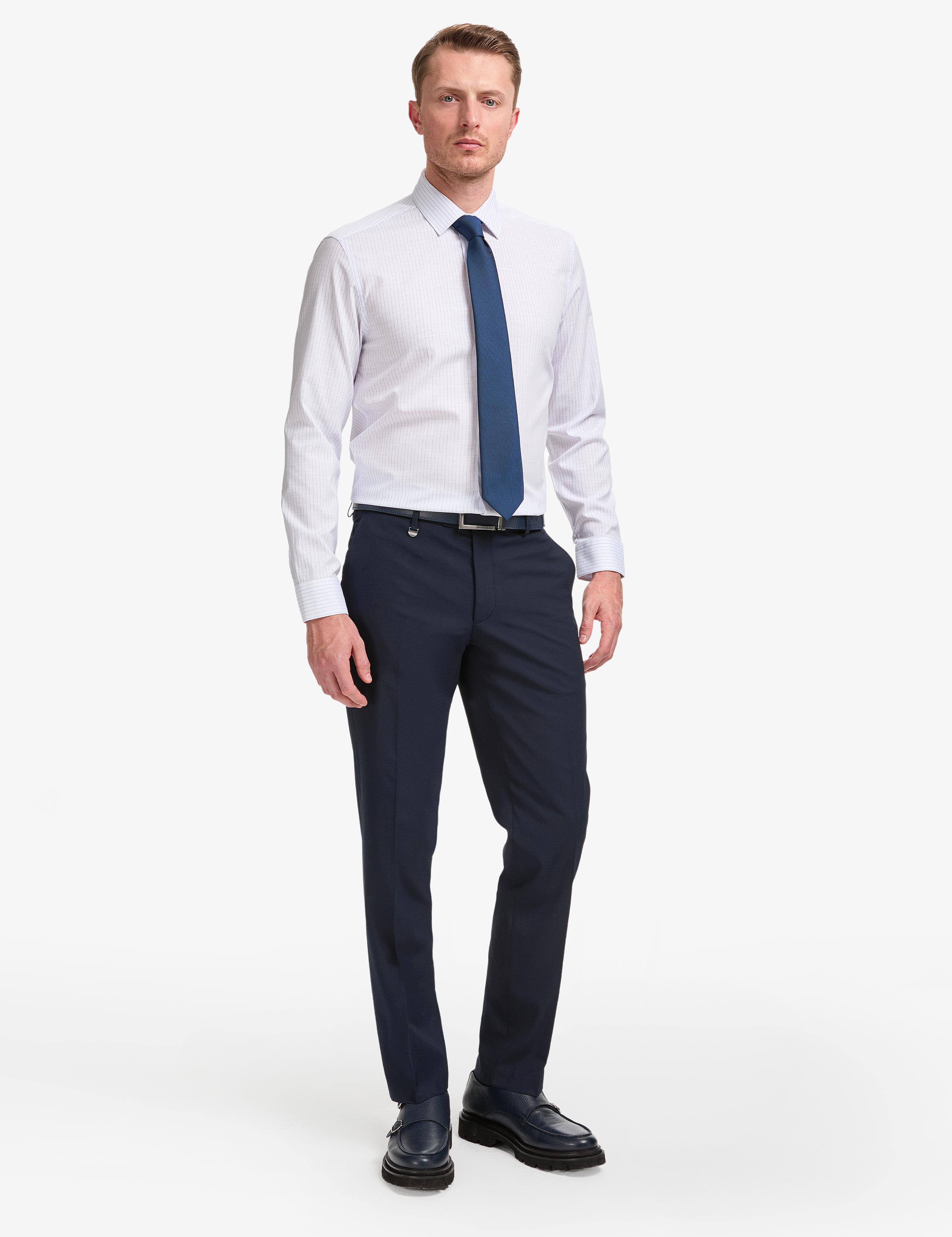Lacivert Slim Fit Çizgili Uzun Kollu Gömlek