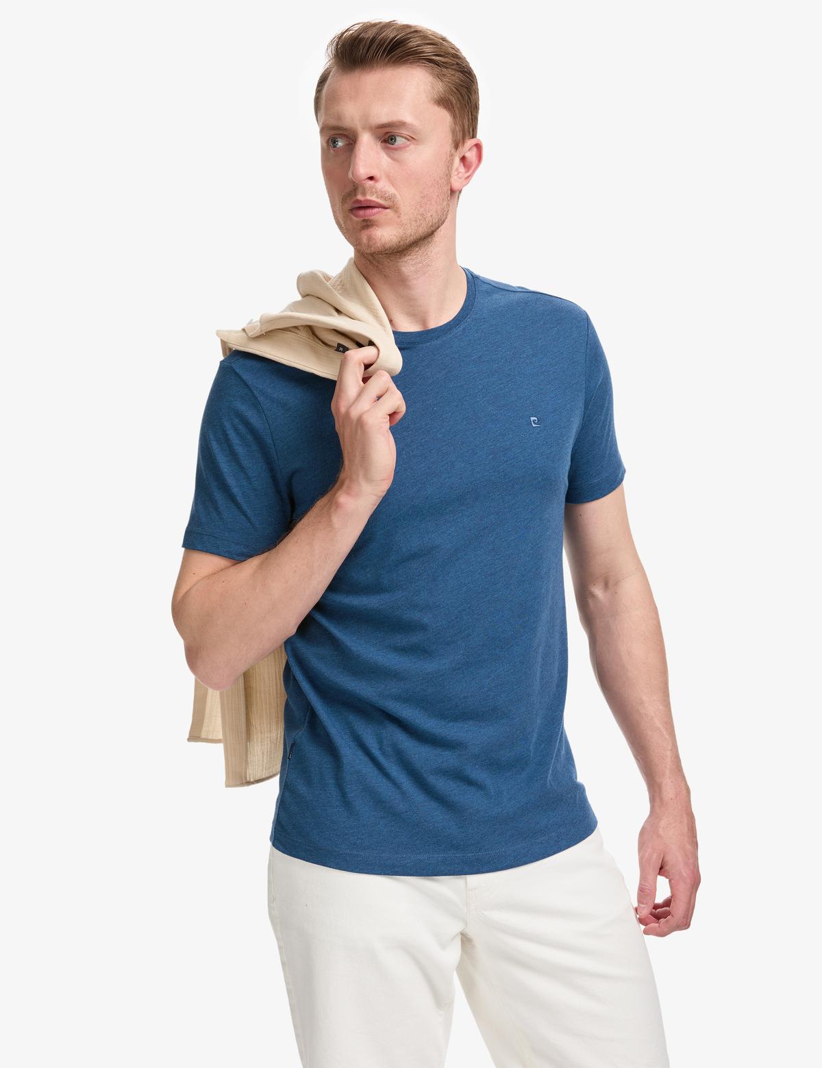 İndigo Melanj Slim Fit %100 Pamuk Bisiklet Yaka Basic Tişört - 50325307122