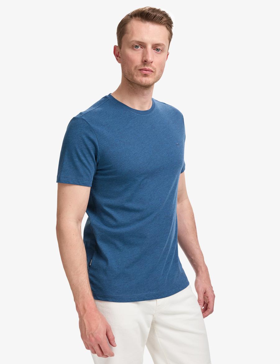 İndigo Melanj Slim Fit %100 Pamuk Bisiklet Yaka Basic Tişört