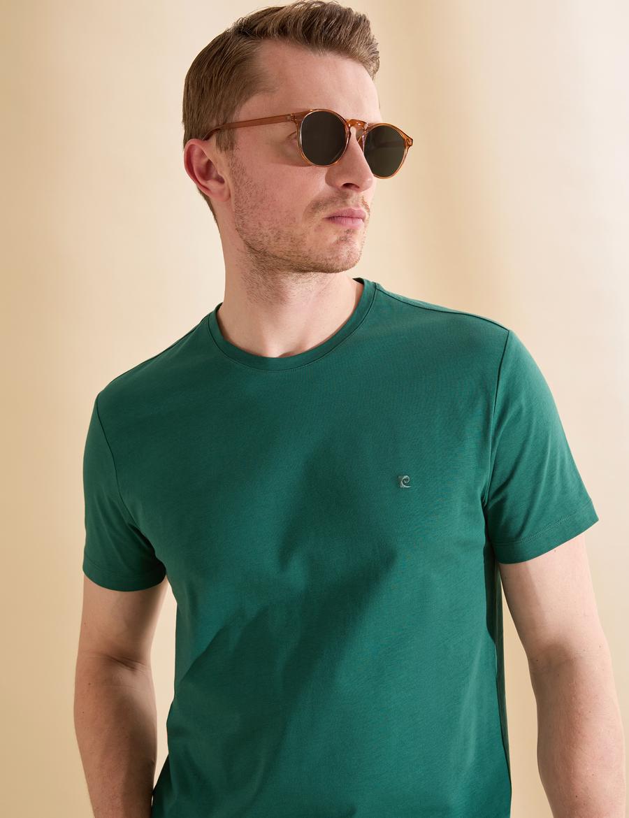 Koyu Yeşil Slim Fit %100 Pamuk Bisiklet Yaka Basic Tişört