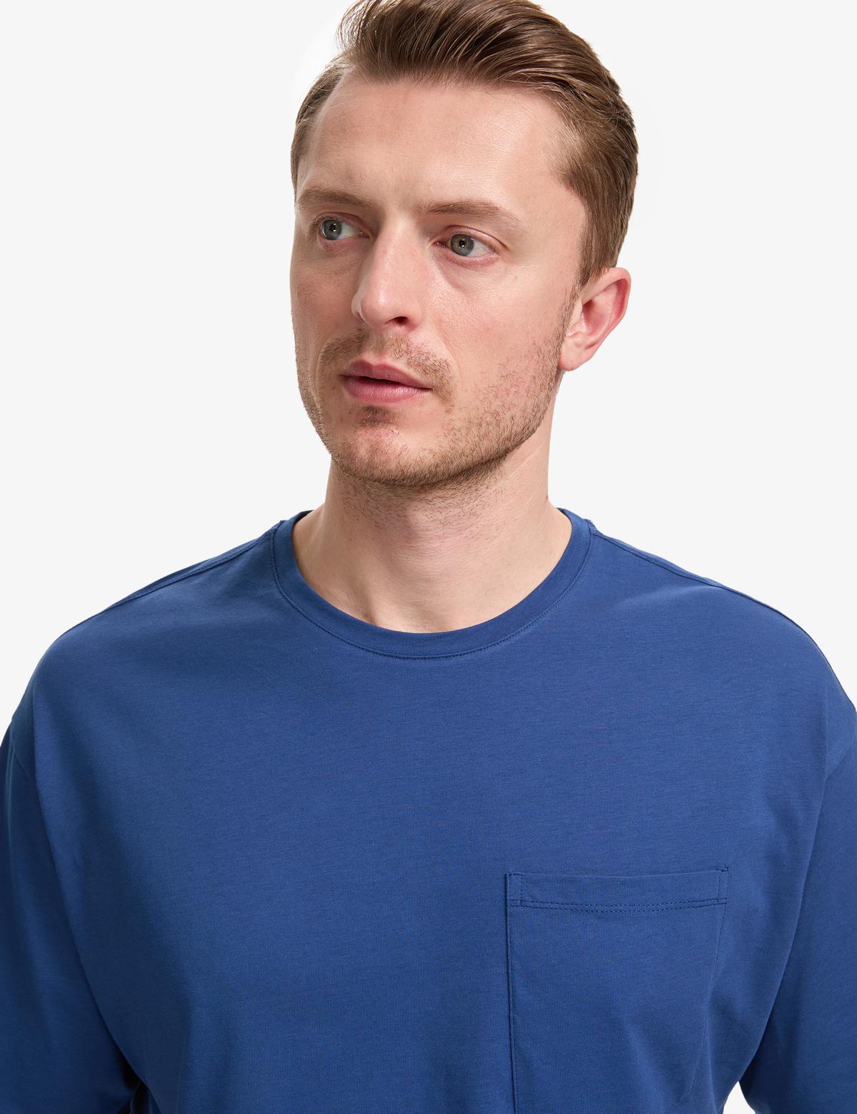 Açık Lacivert Comfort Fit %100 Pamuk Bisiklet Yaka Basic Tişört - 50325300074