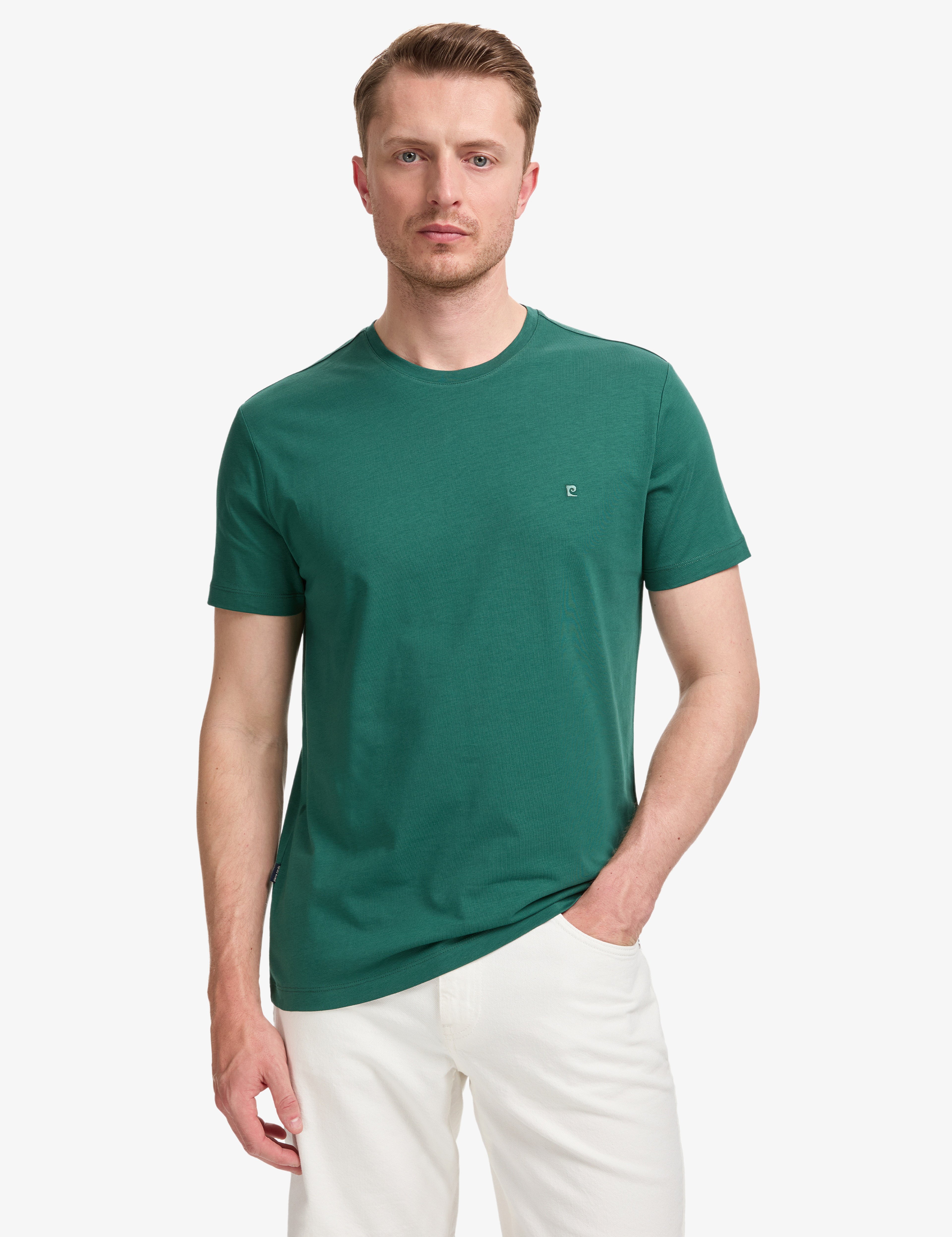 Koyu Yeşil Slim Fit %100 Pamuk Bisiklet Yaka Basic Tişört - Image 3