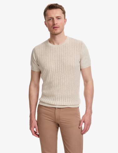 Bej Slim Fit Keten Karışımlı Bisiklet Yaka Triko Tişört