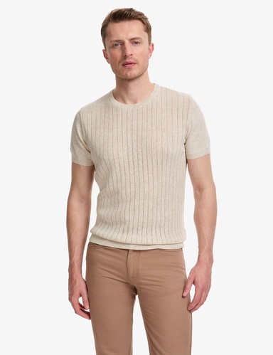 Bej Slim Fit Keten Karışımlı Bisiklet Yaka Triko Tişört