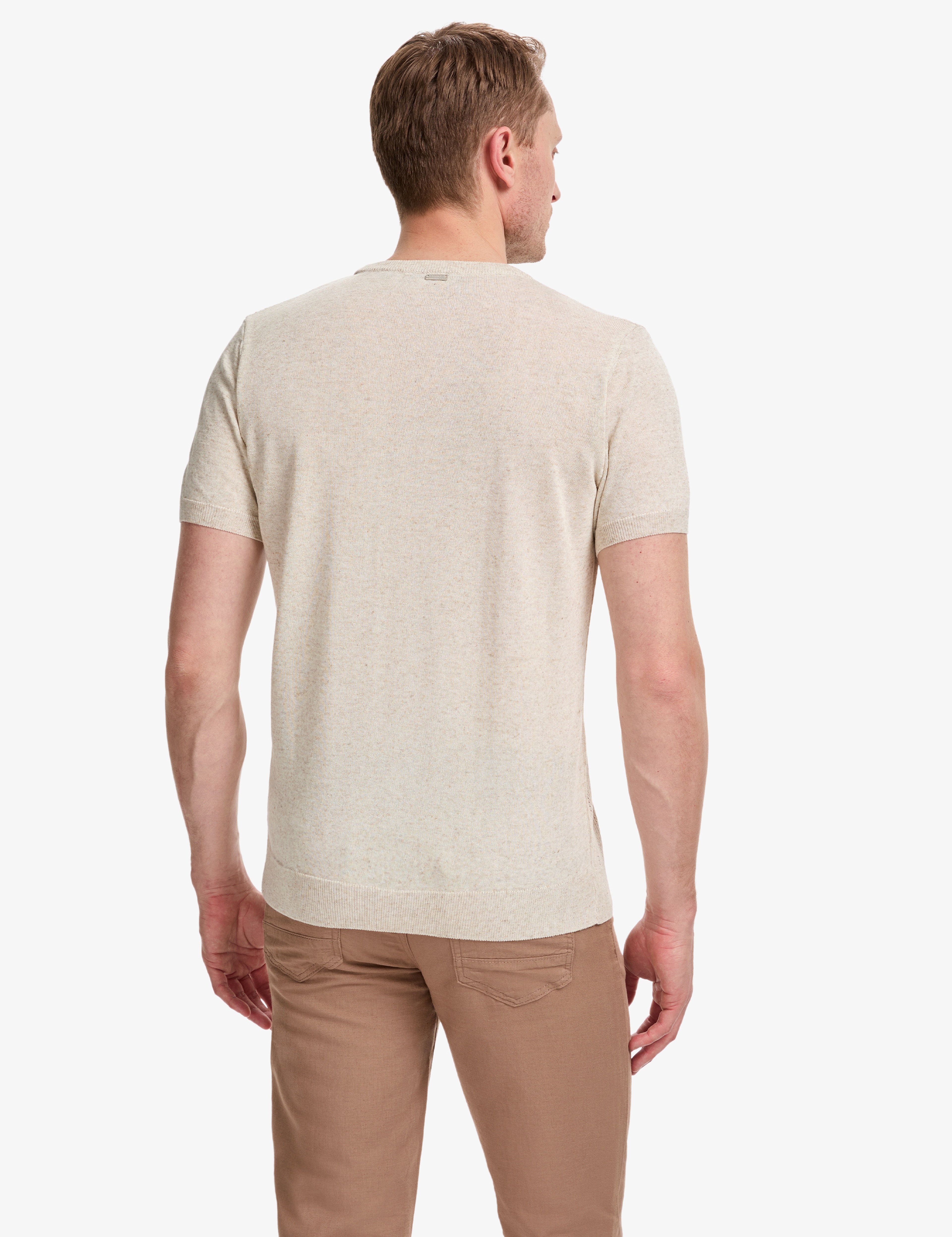 Bej Slim Fit Keten Karışımlı Bisiklet Yaka Triko Tişört - Image 5
