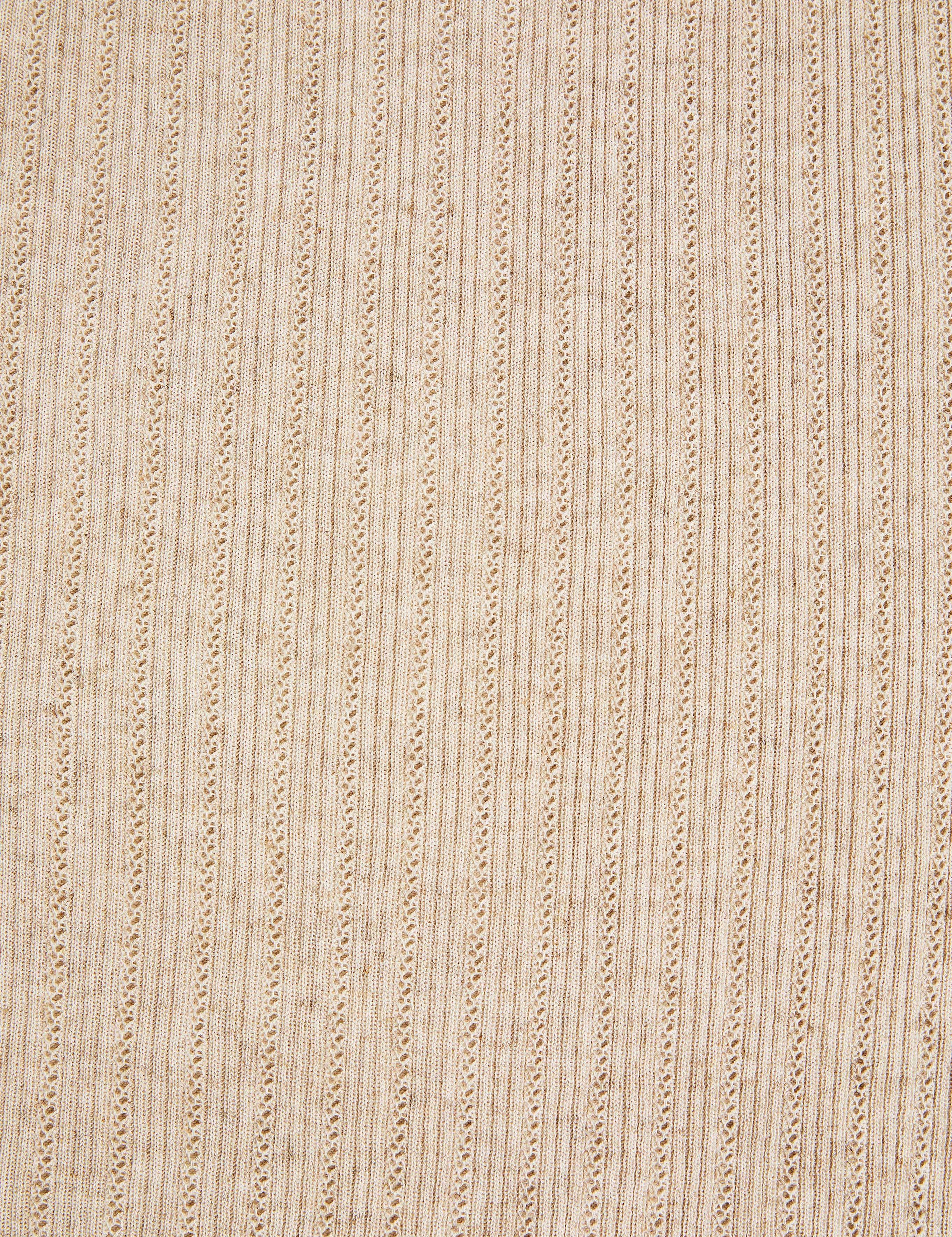 Bej Slim Fit Keten Karışımlı Bisiklet Yaka Triko Tişört