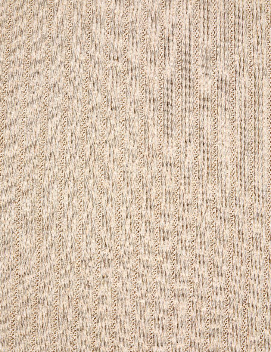 Bej Slim Fit Keten Karışımlı Bisiklet Yaka Triko Tişört