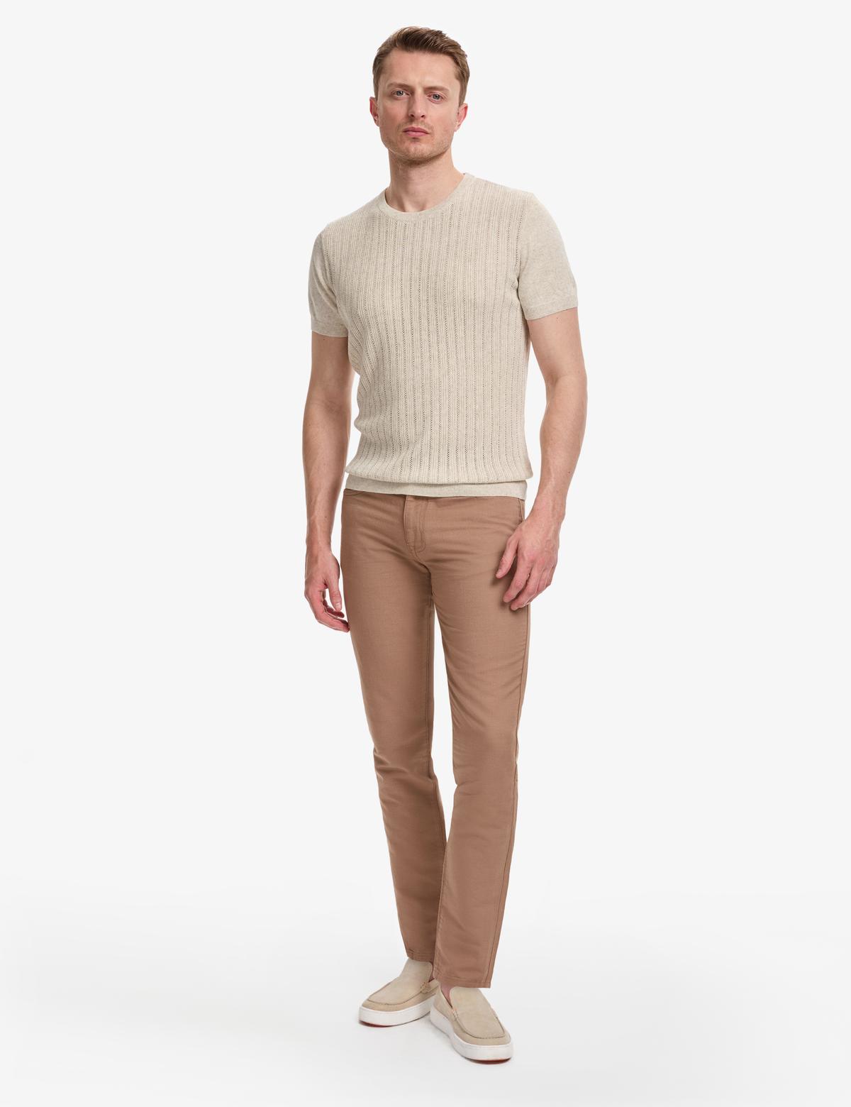 Bej Slim Fit Keten Karışımlı Bisiklet Yaka Triko Tişört - 50323949010