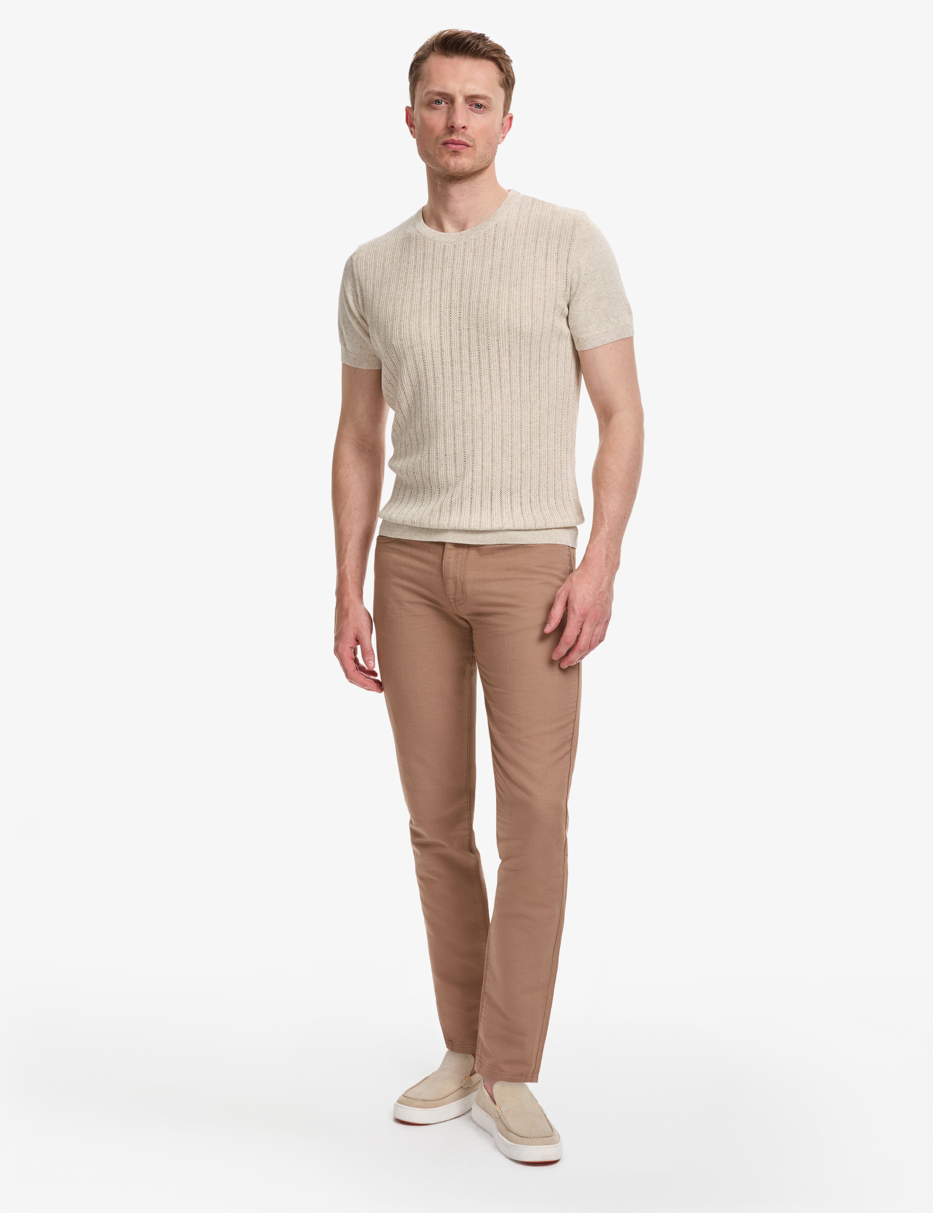 Bej Slim Fit Keten Karışımlı Bisiklet Yaka Triko Tişört