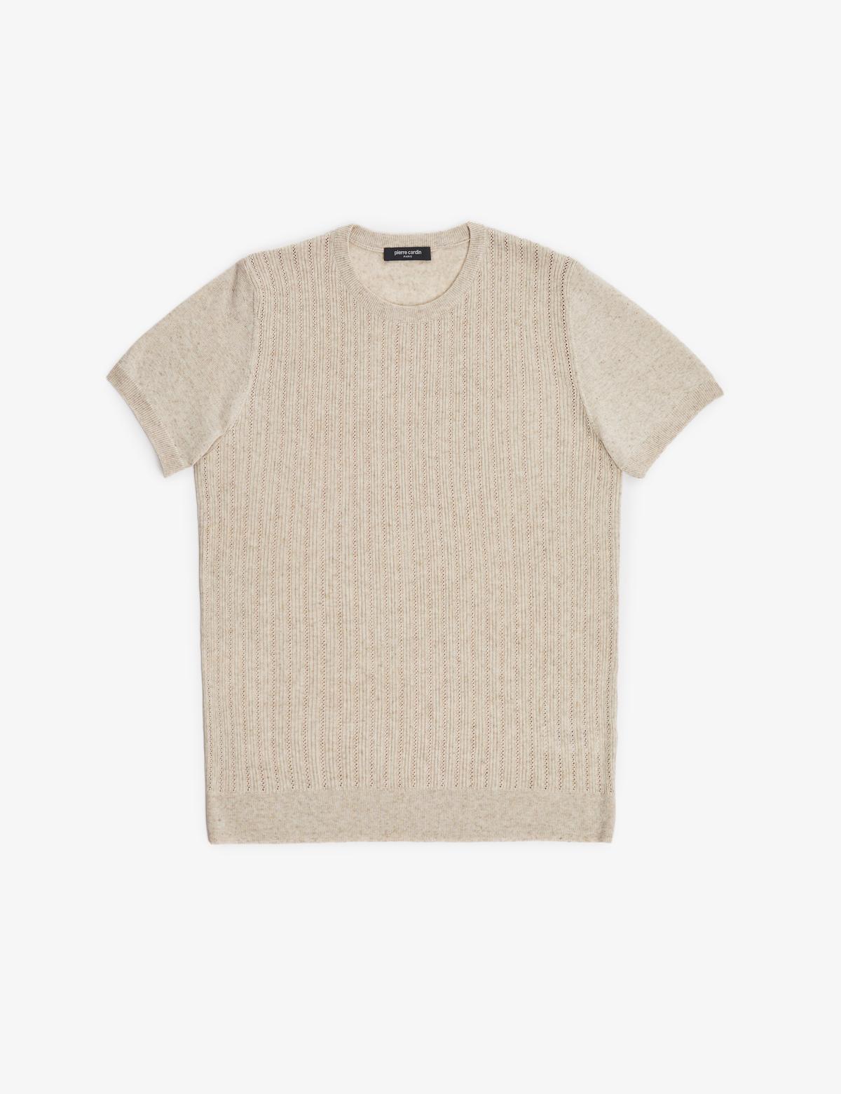 Bej Slim Fit Keten Karışımlı Bisiklet Yaka Triko Tişört - 50323949010