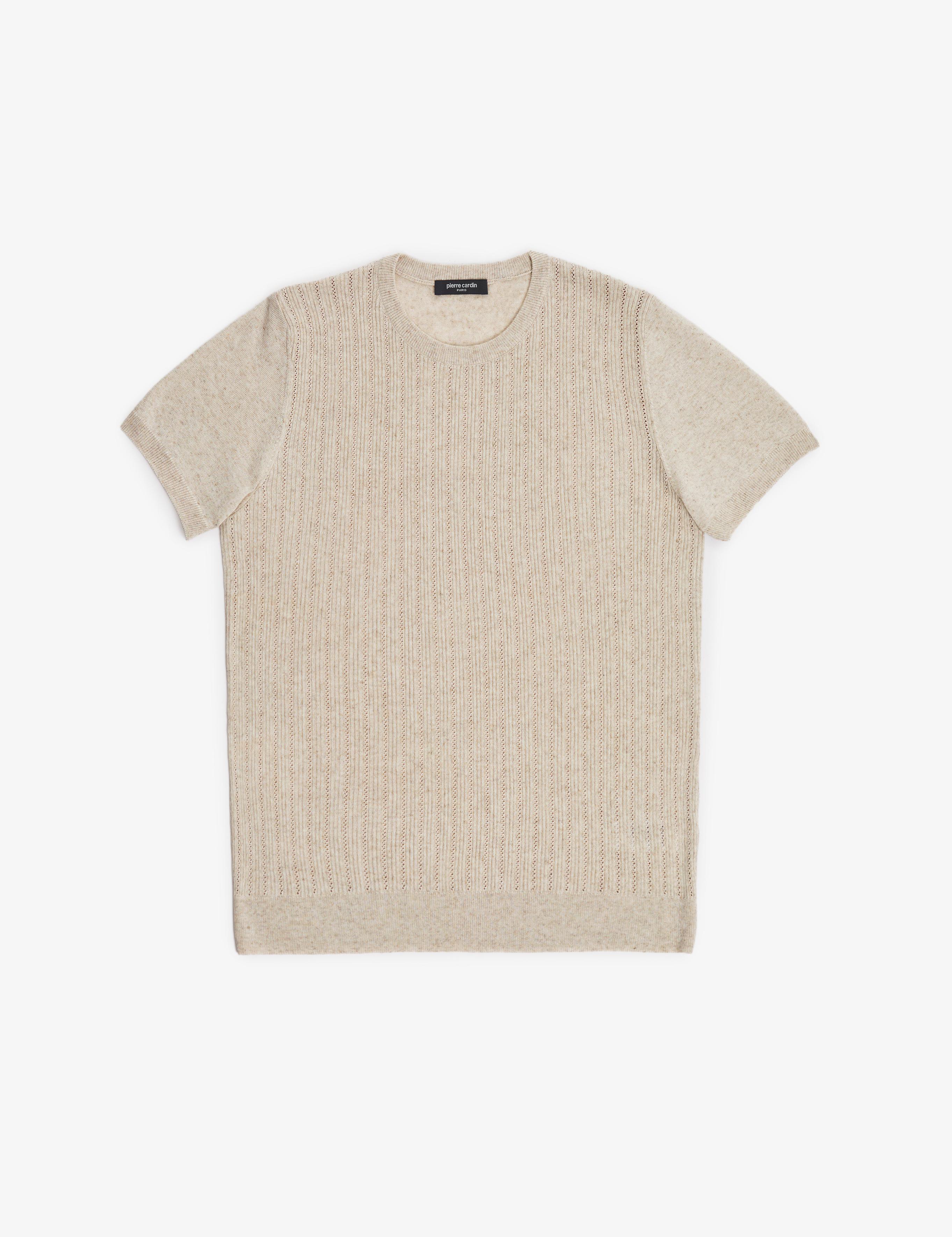 Bej Slim Fit Keten Karışımlı Bisiklet Yaka Triko Tişört