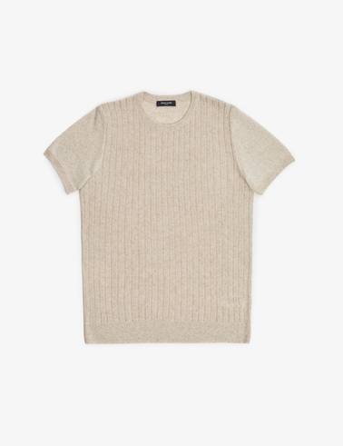 Bej Slim Fit Keten Karışımlı Bisiklet Yaka Triko Tişört